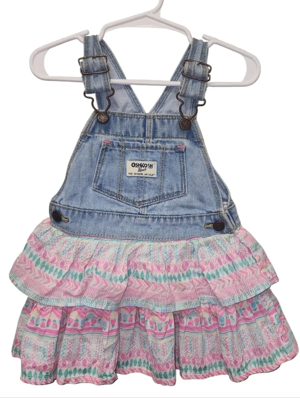 OshKosh B'gosh 18M Denim Overall Jumper Dress Tiered Ruffle Skirt Floral Pink
